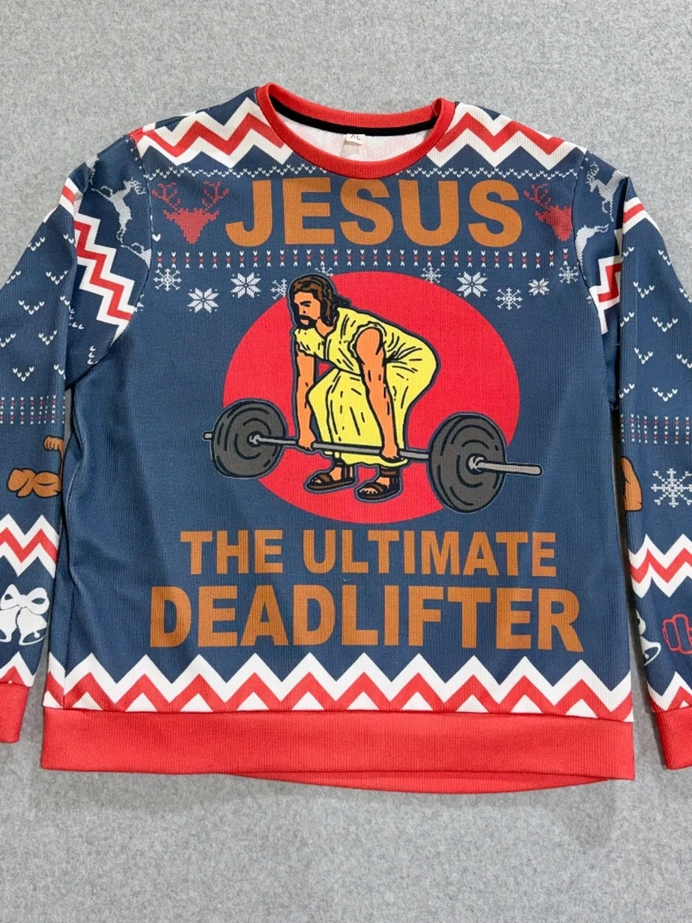 Mens XL Ugly Christmas Sweater Jesus Ultimate Deadlifter Funny Blue Red Holiday